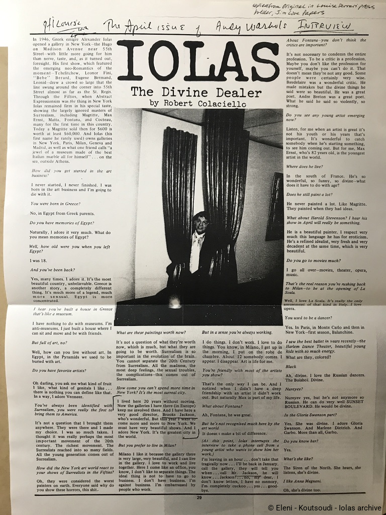 “Iolas: The Divine Dealer” — Robert Colacello, Interview
